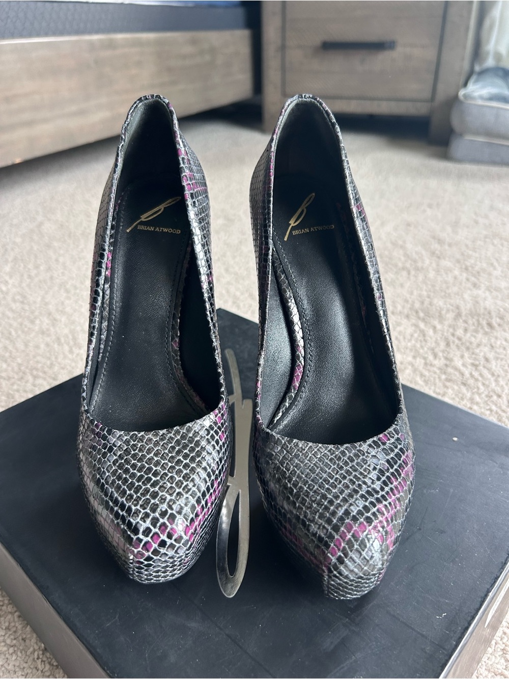 Brian Atwood Gray Snakeskin Pumps with Pink Accents